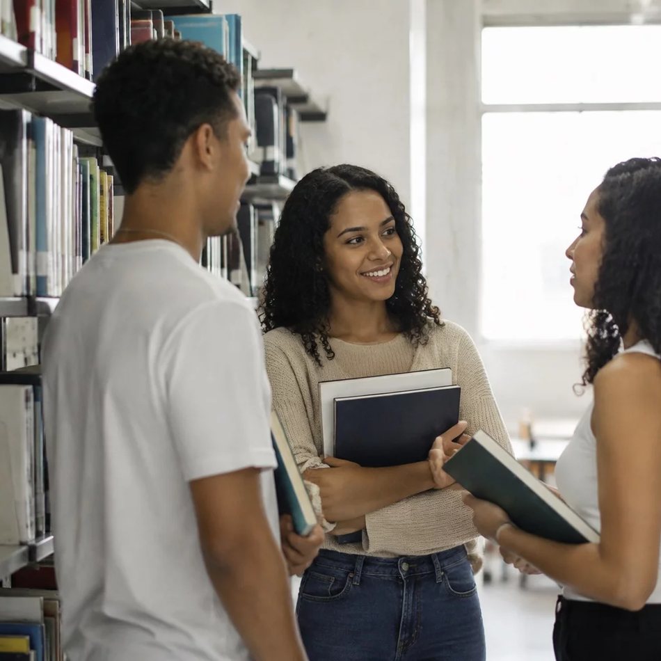 Participantes conversando de pé entre as prateleiras de uma biblioteca